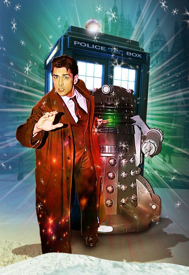 An image of Canadian actor Mark Meer as Doctor Who, with a Dalek and the TARDIS behind him.
