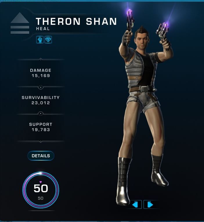 A screenshot from the "Star Wars the Old Republic" MMORPG, which shows SIS Agent Theron Shan in a gray vest with black undershirt, brown double-holstered gun belt, gray shorts with rolled-up cuffs and shiny black calf-high boots. Theron is firing two blaster pistols, which have purple laser sights. The outfit is very reminiscent of the one that main protagonist Lara Croft wears in the "Tomb Raider" video game series.