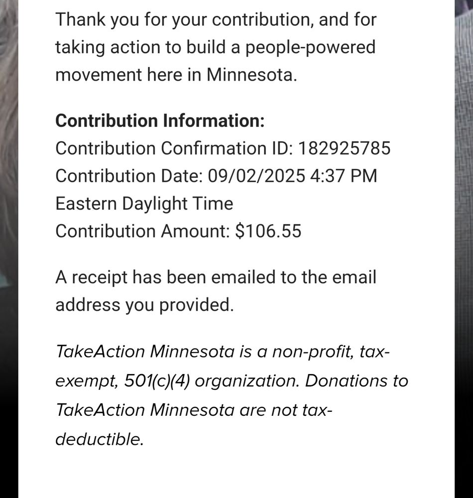 Donation receipt of $103 + fees to TakeAction Minnesota.