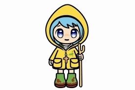 Mascote católico: uma garota Chibi de cabelo azul com casaco amarelo, segurando um bastão e usando botinhas verdes que estão sujas de terra.