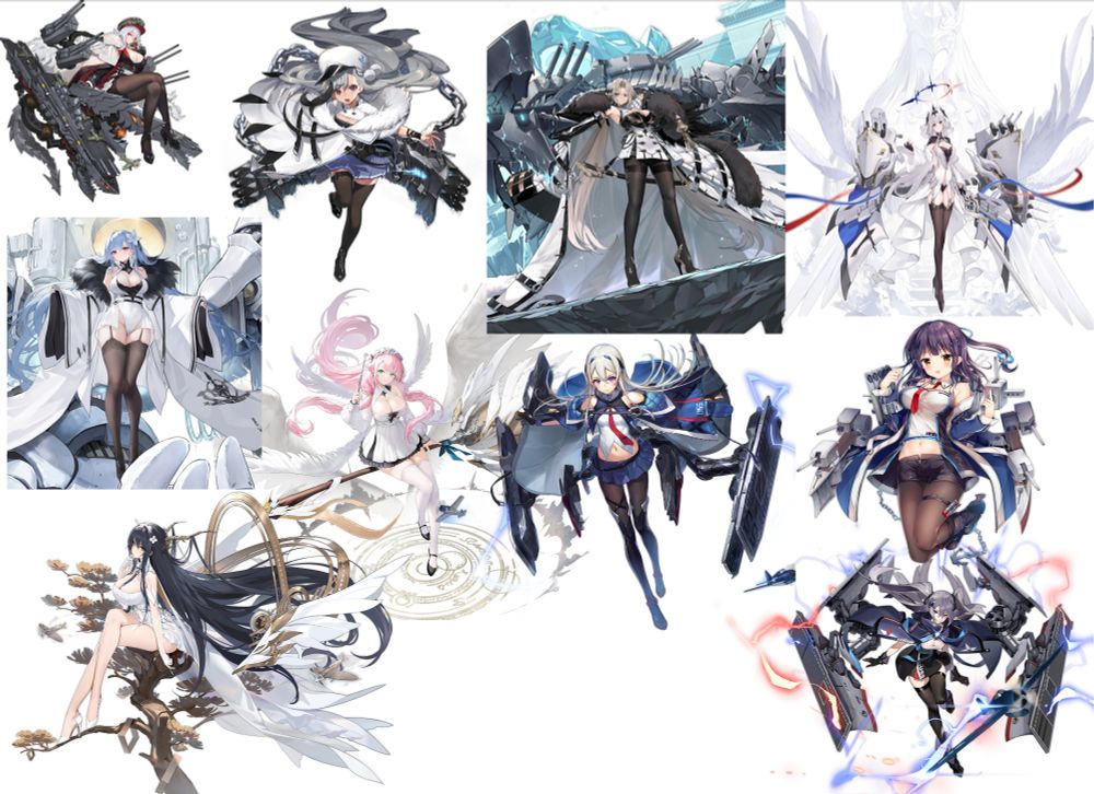 Ten Azur Lane characters are pictured here: Graf Zeppelin, Minsk, Krondshtadt, Marseillaise, Voroshilov, Theseus, Casablanca, Mullaney, Indomitable, and Intrepid. 