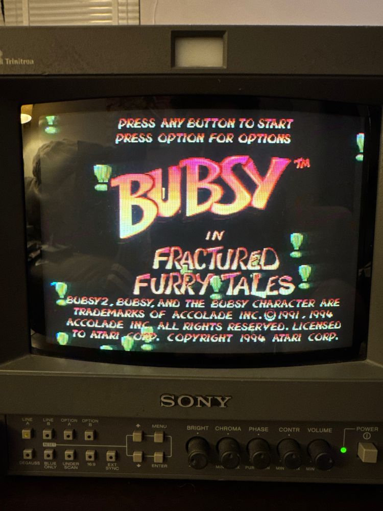 Title screen for the game “Bubsy in Fractured Furry Tales” for Atari Jaguar displayed on a CRT monitor