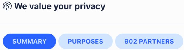 Cookie acceptance banner saying "we value your privacy" and then "902 partners" (with whom my info would be shared) in the corner.