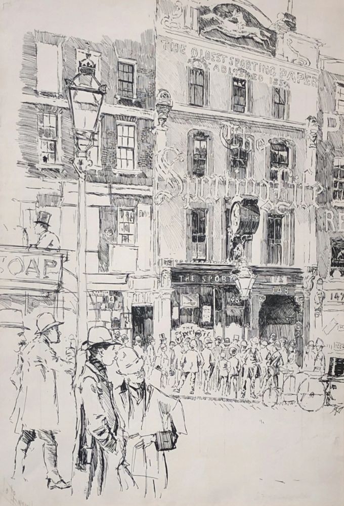 Black pencil sketch of Victorian men gathered around the front window of the large Sporting Life offices in the 1890s, most wearing large bowler hats or top hats. A bike is in shot. The building is grand and has THE SPORTING LIFE in large letters. It was both a newspaper office and a social network for sporting types at the time eg. boxers and their backers would go there to arrange matches, and memorabilia was displayed in the window.