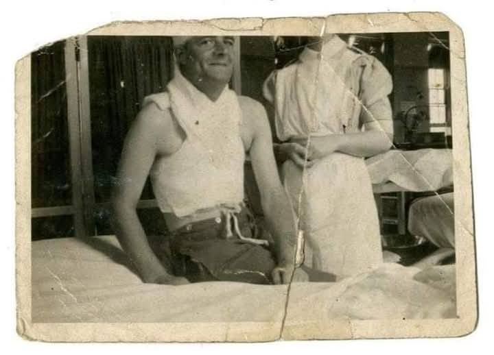 The same man, aged 30, in 1943. He's sat on a hospital bed smiling, wearing a full torso plaster cast wrapped round his body and neck. Next to him is a nurse but she's got her head cut off by the photographer's framing. His smile always makes me think she told a funny joke. He was flown from Tunisia to the Leicester Infirmary I believe, so this was possibly taken there.