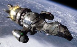 Serenity, the spacecraft from Firefly above a blue earth like planet