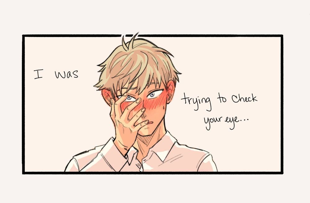 Panel 6: Loid is flushed, half covering his face, as he says he was trying to check Yor’s eye…