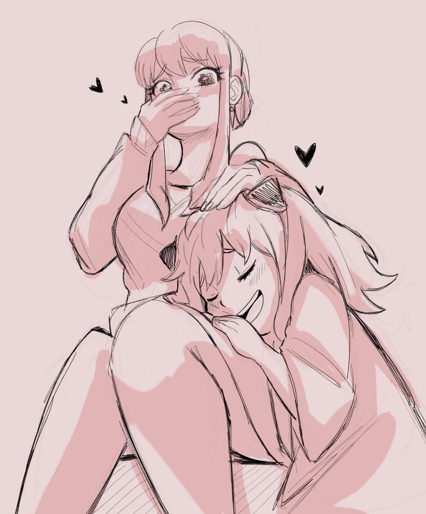 A doodle of Yor overwhelmed with happiness and caressing the top of Anya’s head while Anya lovingly nuzzling Yor’s leg.