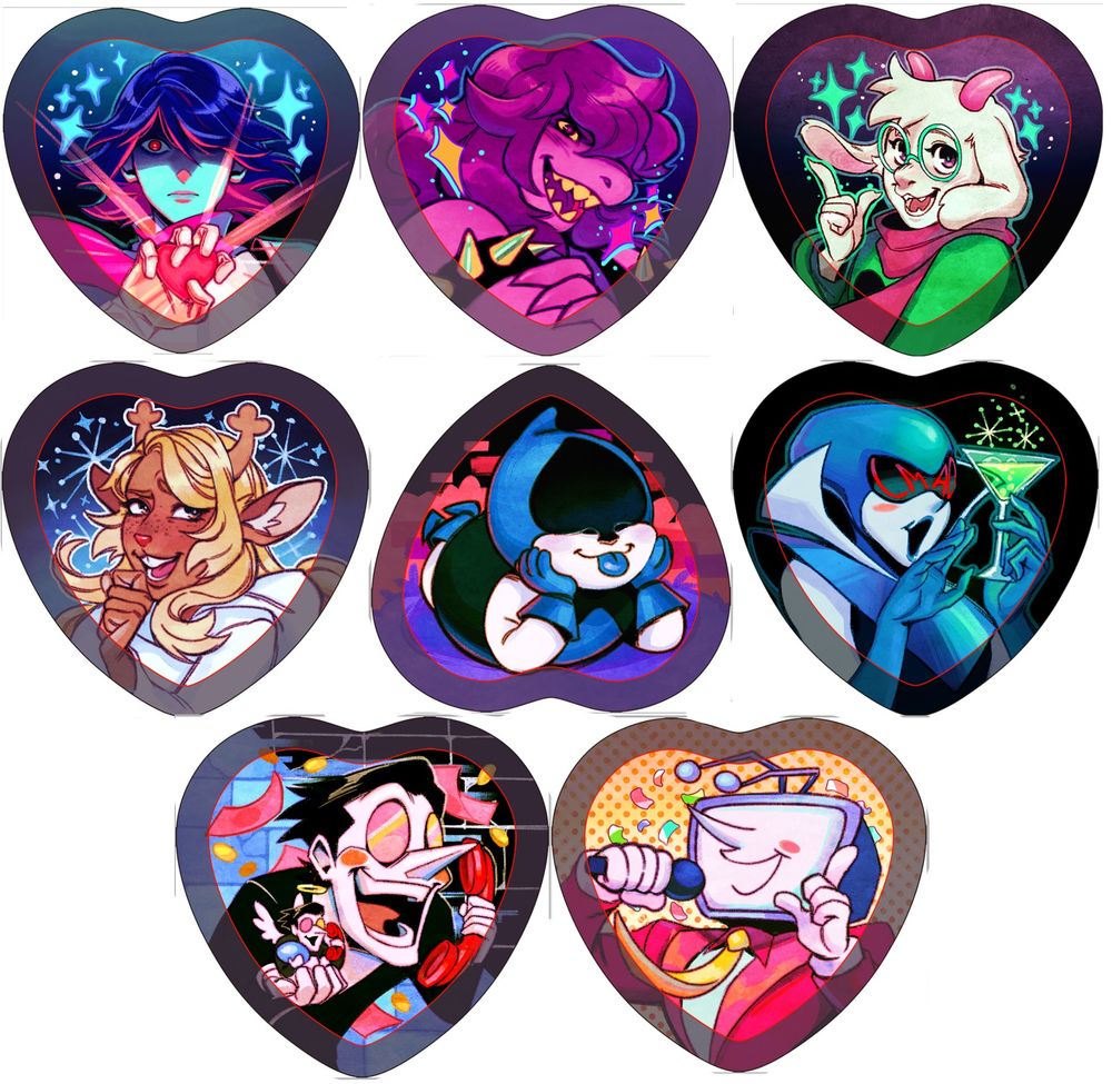 All of my new Deltarune buttons! Including Kris, Susie, Ralsei, Noel, Lancer, Queen, Spamtom, and Tenna!