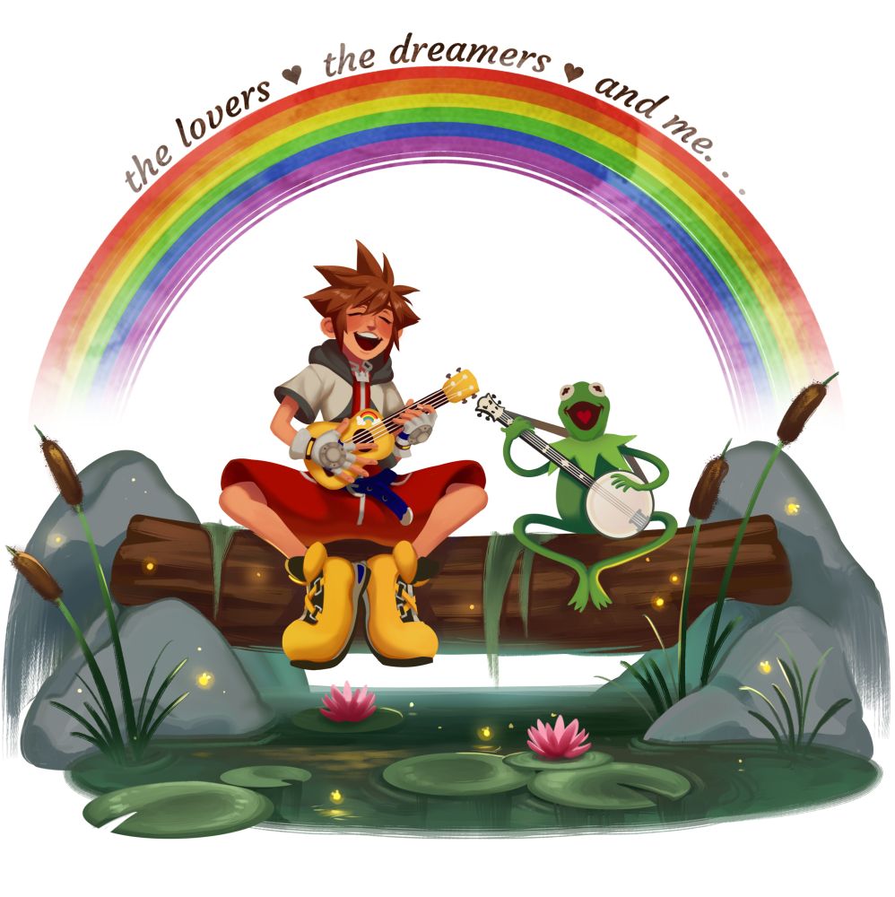 Sora and Kermit sitting together on a log, singing the Rainbow Connection together.