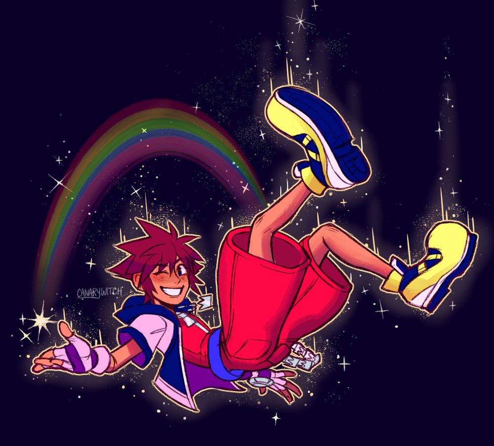 Sora from Kingdom Hearts floating with a rainbow above him.