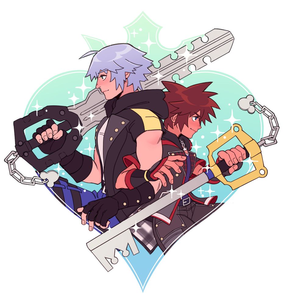 Sora and Riku from Kingdom Hearts, back to back with their keyblades in hand.