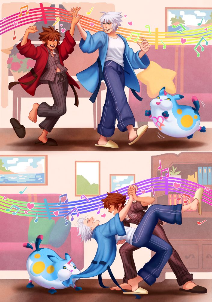 Sora and Riku dance with Meow Wow.