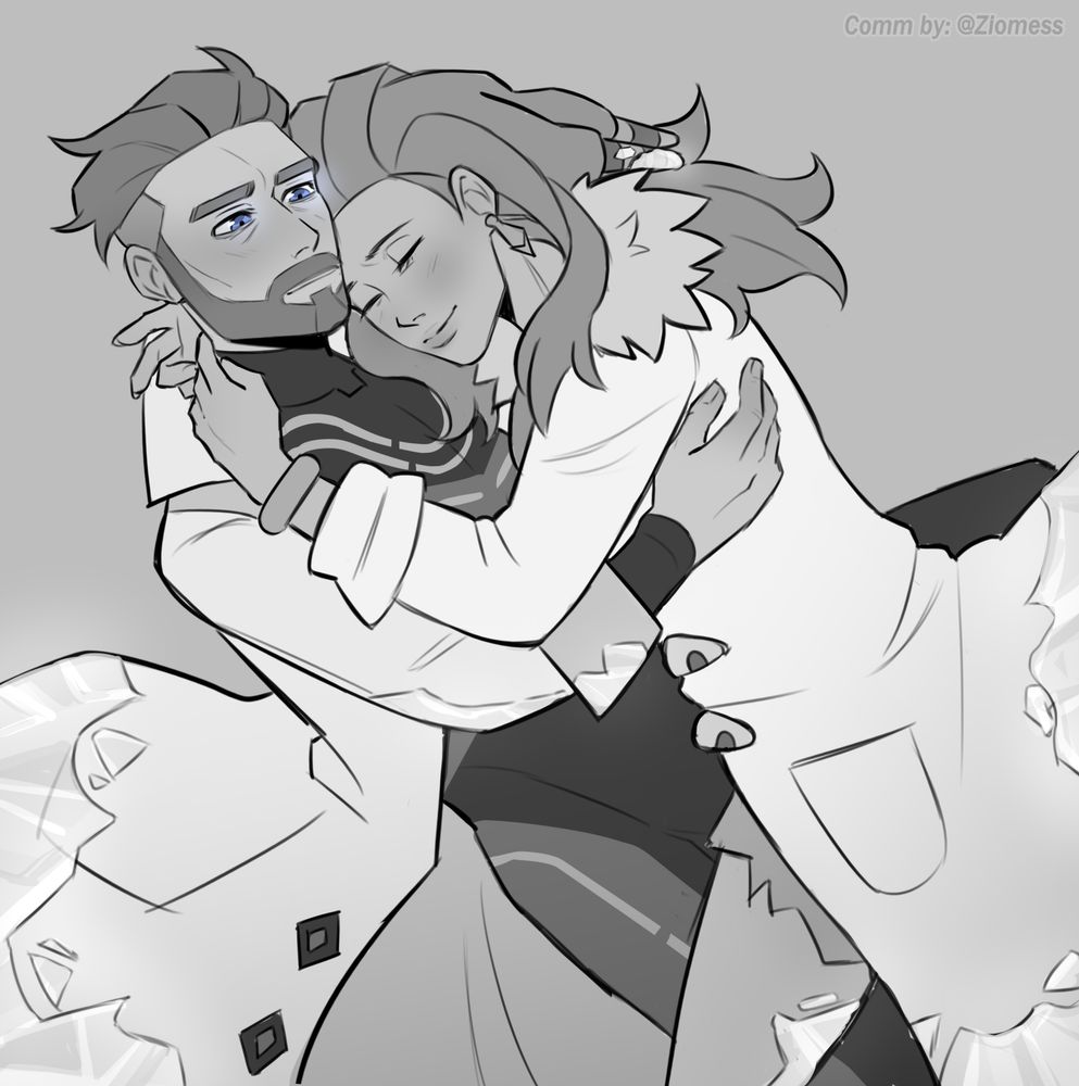 AI Turo and AI Sada from Pokemon Scarlet and Violet embracing softly, with weary and grateful expressions.