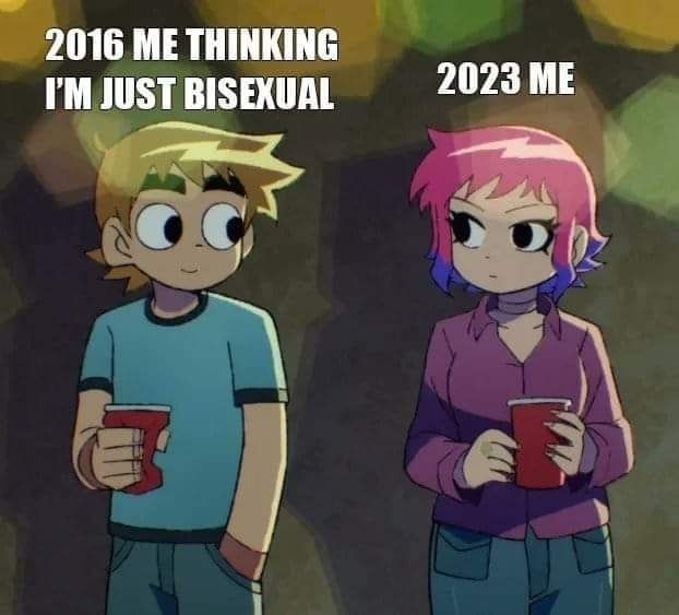 Scott Pilgrim stands with drink in his hand with text above his head reading '2016 me thinking I'm just bisexual'. Ramona Flowers, meeting his eyes, stands beside him, drink in hand, with text above her head reading '2023 me'.