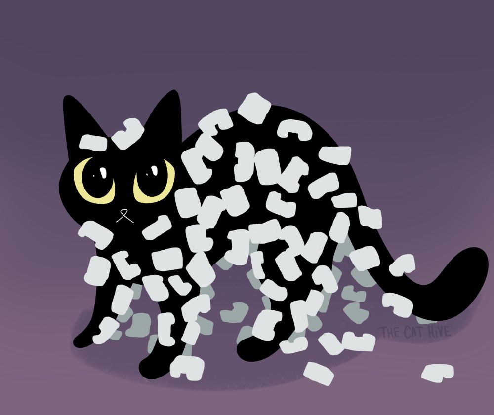 Doodle of a black cat with big yellow eyes staring at you while covered in tons of packing peanuts that are sticking to the cat with static cling. 