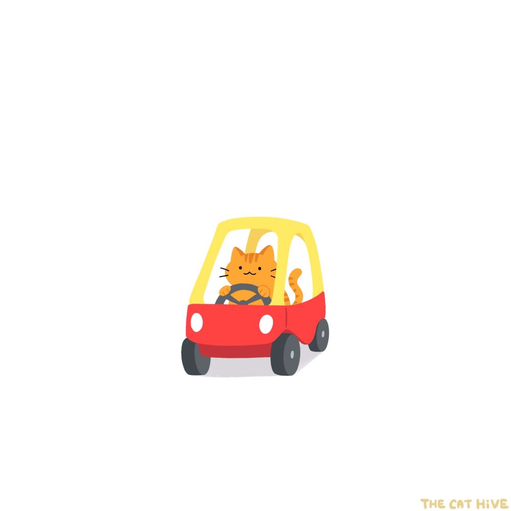 Doodle of an orange cat driving a little red and yellow toy car. 