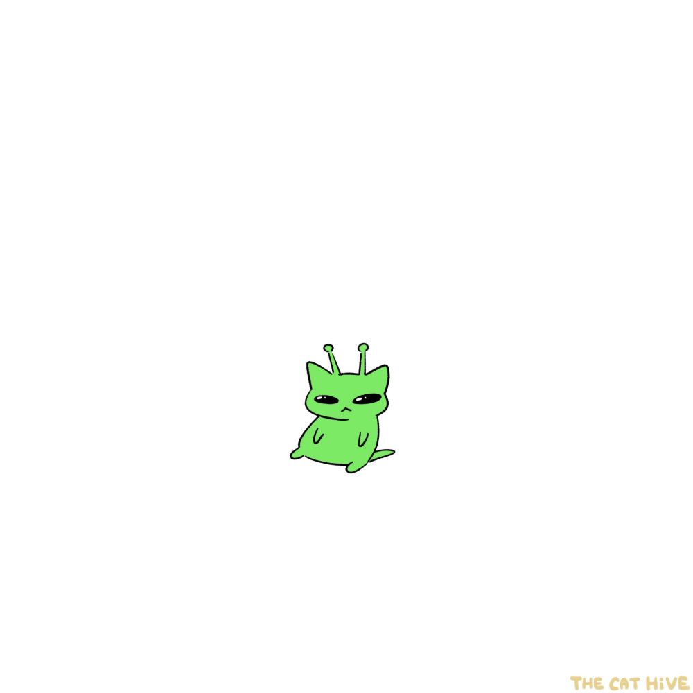 Doodle of a little green alien kitten sitting lazily with a sort of tired expression. 
