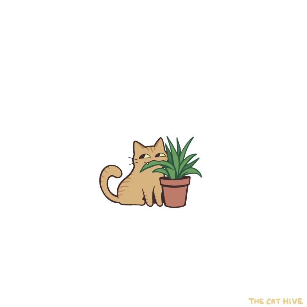 Doodle of an orange cat munching on a potted plant. 