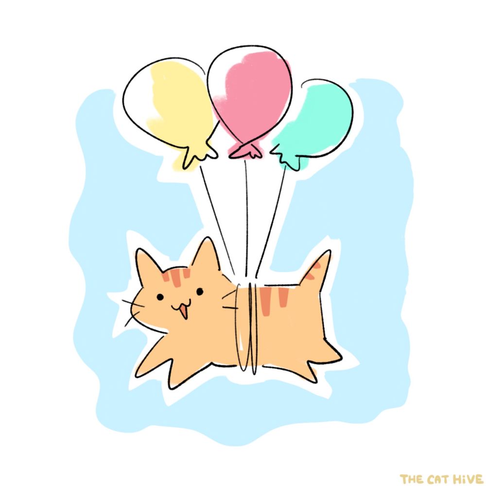 Doodle of an orange cat with three colorful balloons tied around his waist. He looks clueless, as he is floating. 