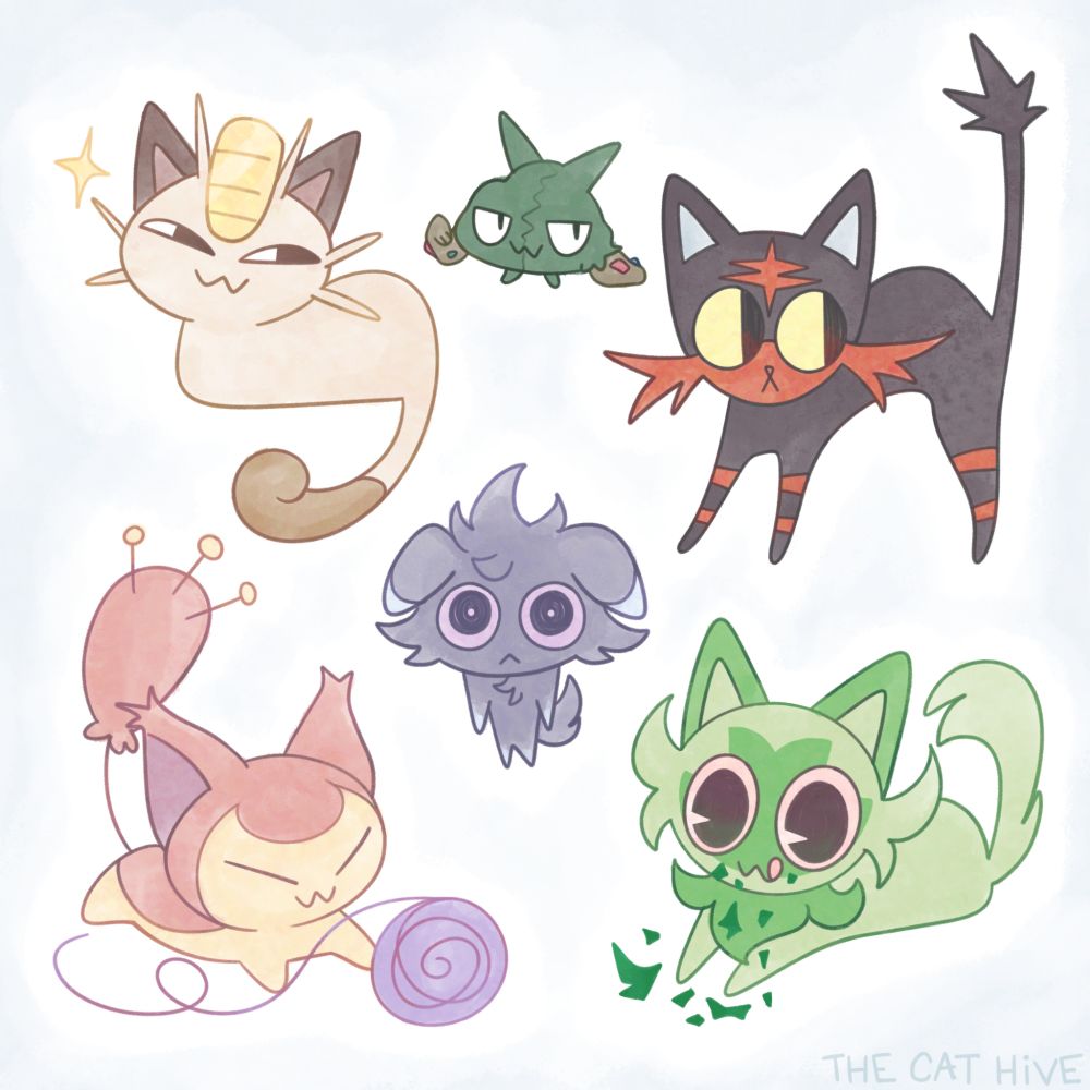 Doodles of various cat pokemon looking silly. There's Meowth, Espurr, Skitty, Sprigatito, Litten, and Trubbish. 