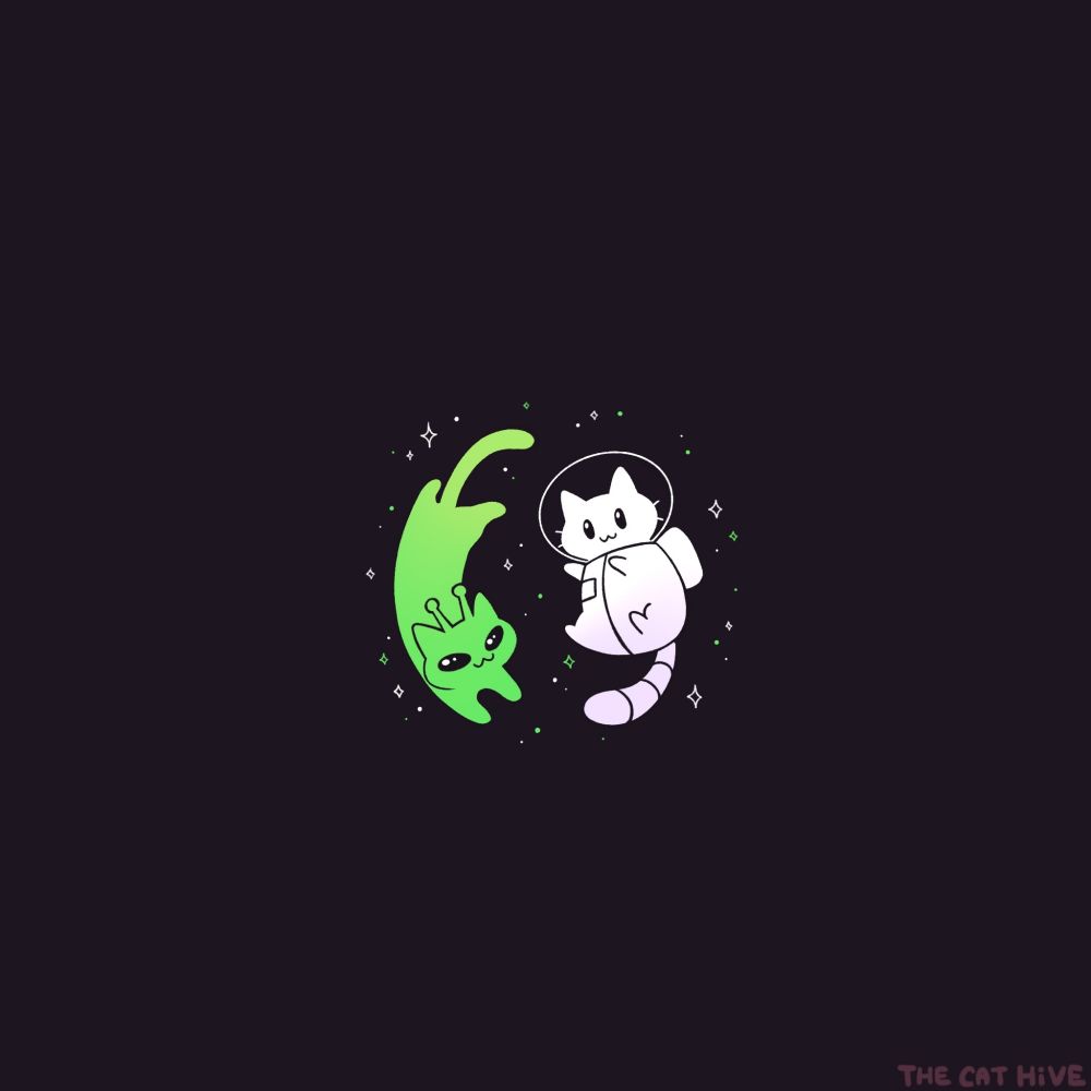 Doodle of a little green alien cat and a little white astronaut cat playing among the stars in space. 