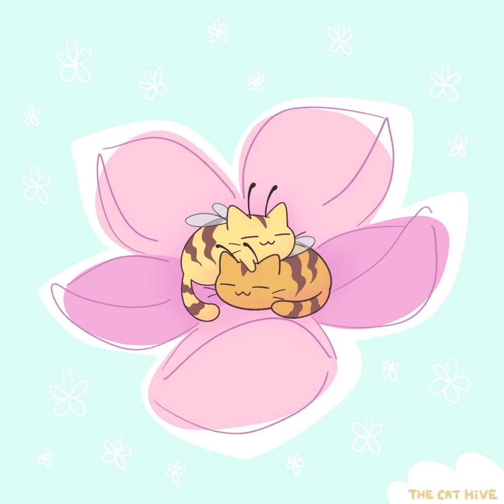 Doodle of two little bumblebee cats napping in a big pink flower while cuddling. 