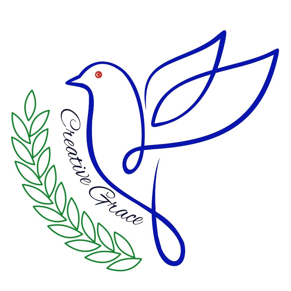 Line art drawing of a cobalt blue dove flying above a green olive branch. Between the two are the words "creative grace" in script. The dove's eye is a red crescent and star.