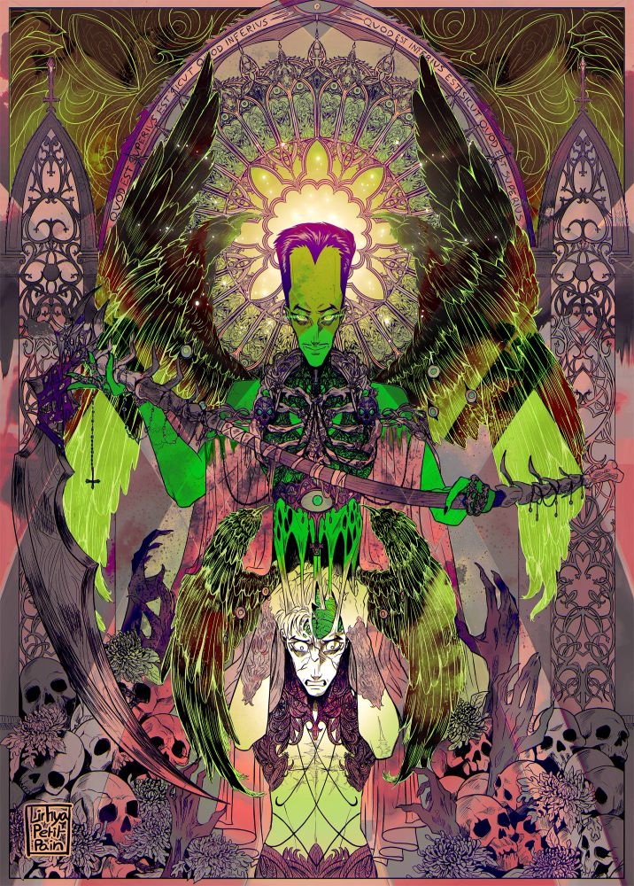 a fanart of Samuel Sterns, same composition as the previous Bruce/Hulk but his Leader form is emerging from human Sammy's head as he's holding it in pain and the Leader hold a scythe instead. Their wings are angel wings with black feather, eyes on it and a claw