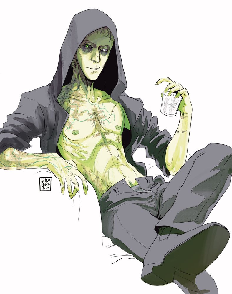 A fanart of a shirtless MCU Samuel Sterns / the Leader with a hood on, holding a glass with a smirk