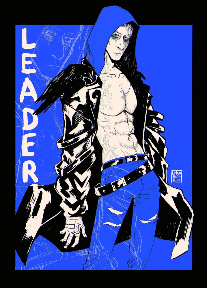 a fanart of MCU Samuel Sterns / The Leader from Captain America Brave New World shirtless with a long opened coat and a hood. The art is in blue, white and black