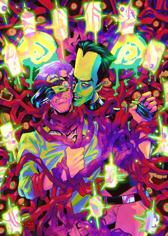 Bruce Banner and Samuel Sterns from the Incredible Hulk.
Bruce seems scared, roots coming off of his eye and body. He's holding it on his heart.
Sam is holding his head with a smile and red eyes, holding his hand also, they're both kind of drowning in red-ish roots with eyes and mooths. Two big green eyes leaking green liquid behind them and a few green doors flying around.
They're both crying with green tears