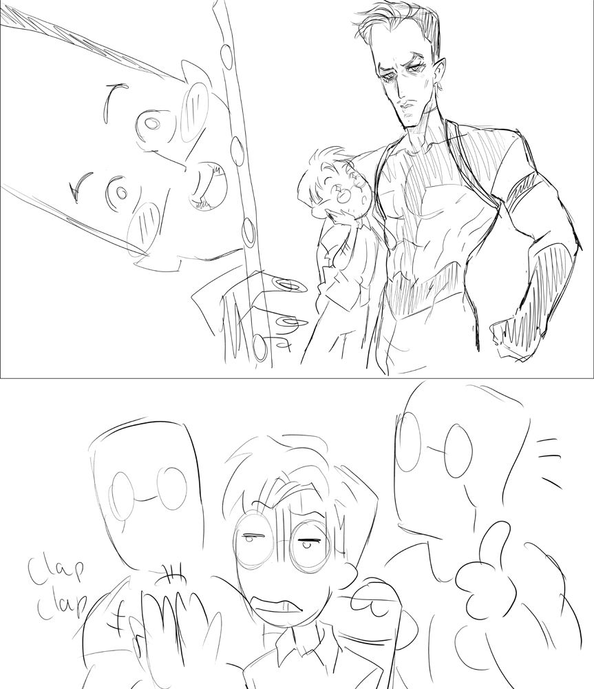 Sam showing a painting of him all buff with a small Bruce in his arm to a disgusted Bruce and Sam's humanoids approving it