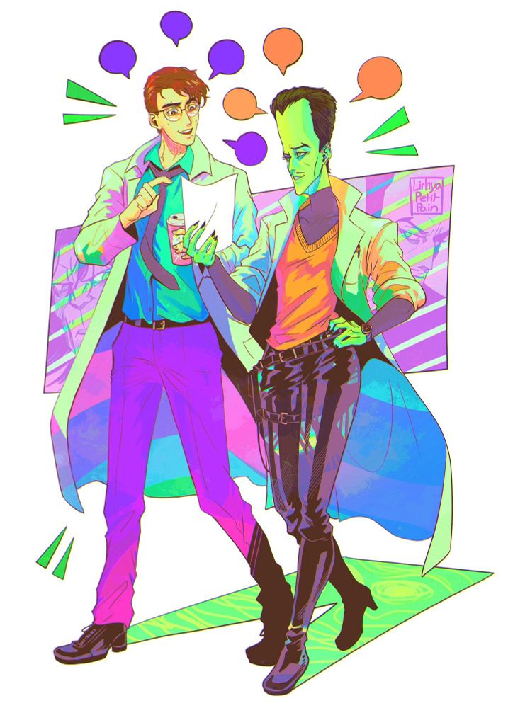 Bruce Banner and Samuel Sterns from Earth-10508 walking together talking and smiling while wearing lab coat. Colors avec saturated but kinda pastel-ish