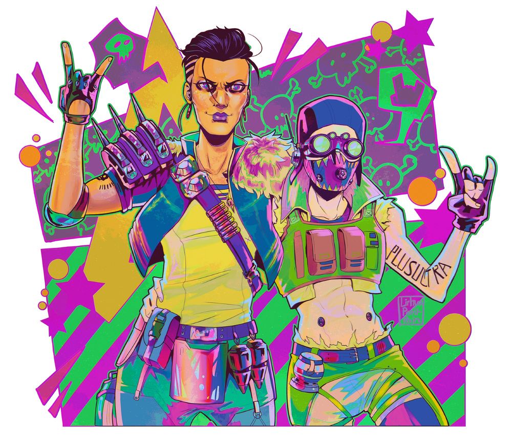 a fanart of Mad Maggie and Octane from Apex Legends