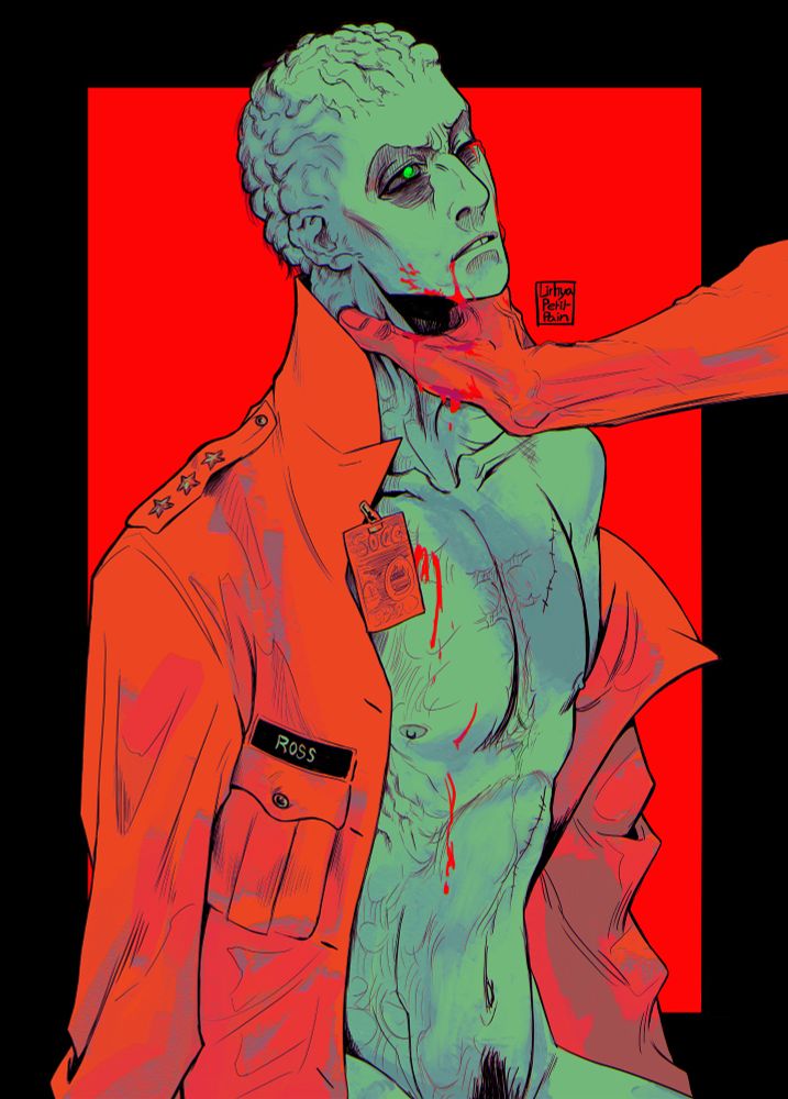 a fanart of Samuel Sterns / The Leader from Captain America Brave New World naked with only a military coat on and a hand holding his neck
