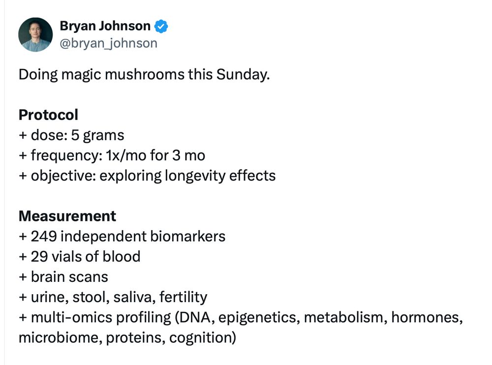 A Bryan Johnson tweet. "Doing magic mushrooms this Sunday". Followed by a bunch of text about his protocol, parameters he is measuring, etc.