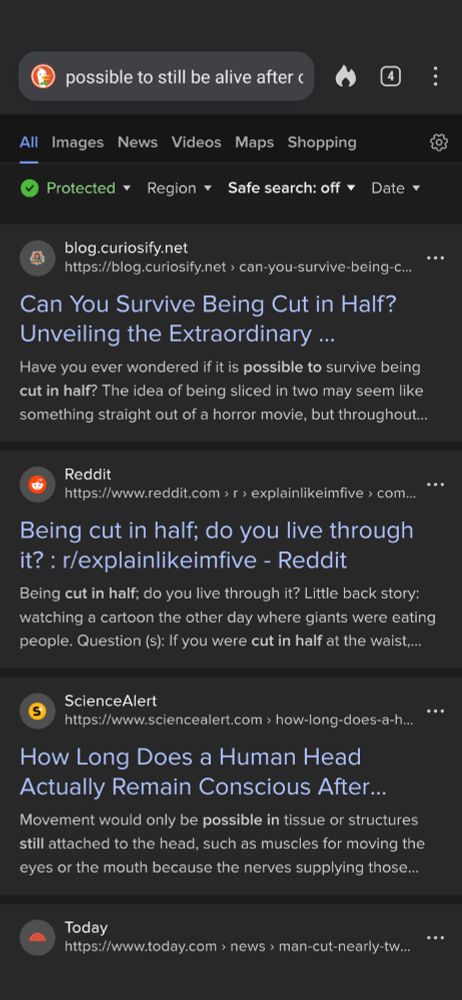Search results from Duck Duck Go for "possible to still be alive after cut in half"