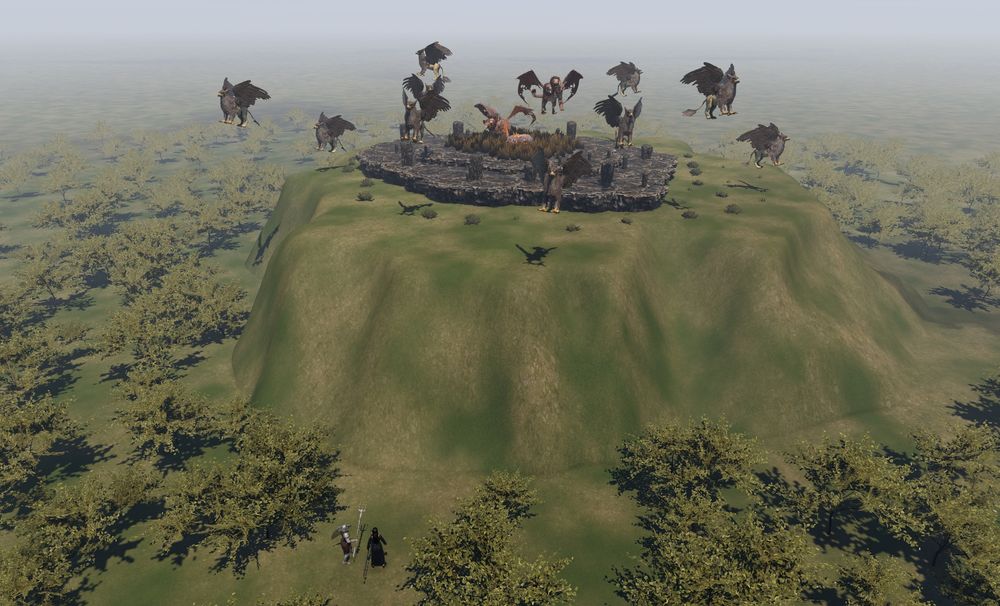 Two D&D characters approach a hill, inhabited by chimeras and griffons.