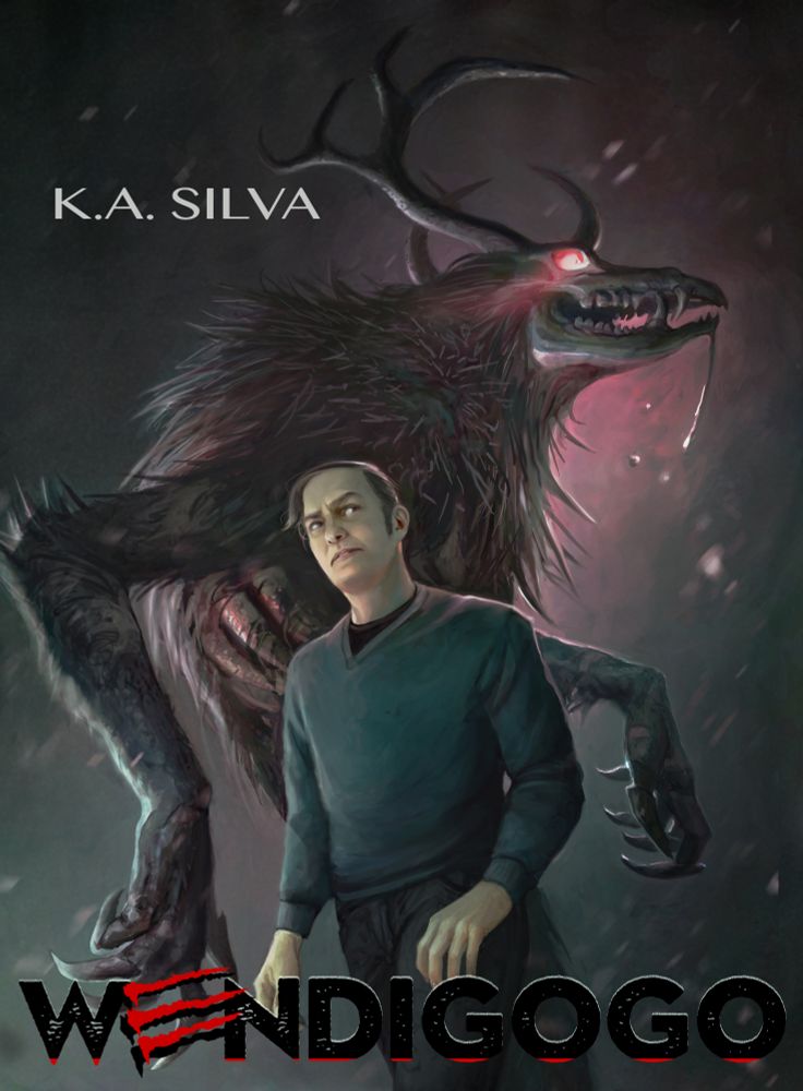 image: cover for WENDIGOGO by KA Silva, illustration by Sally Jackson. Morty, an average white guy wearing a blue sweater & jeans, looks over his shoulder warily at the monster looming behind him. It has an elk skull with glowing red eyes, massive antlers, and sharp fangs dripping ichor. Its long arms end in wicked claws, and bones show through holes in its ragged pelt. A blizzard swirls in the night behind them. The E in the title is formed of red claw slashes.