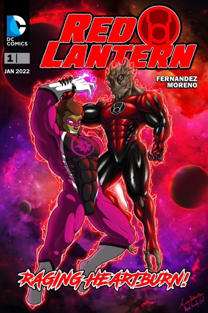 Violet and Red lantern OCs fighting, in modern comic book cover style