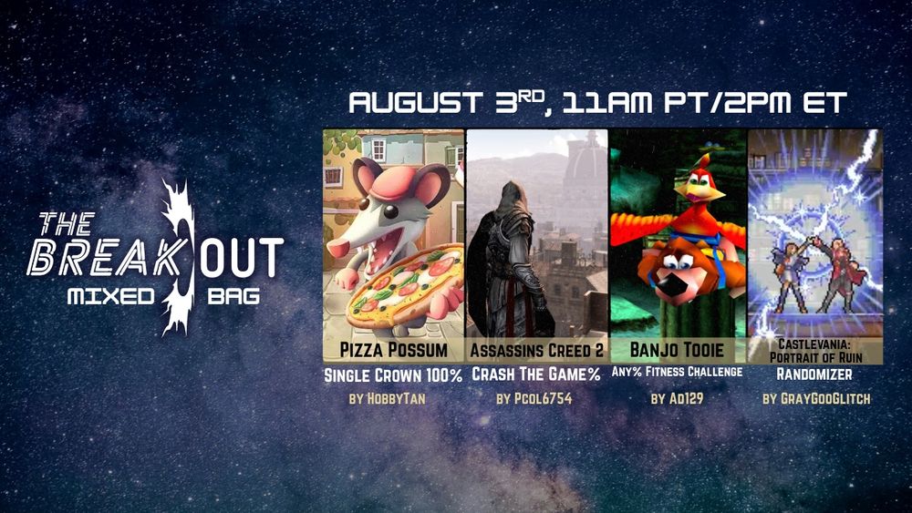 Schedule includes: Pizza Possum, Assassin's Creed 2, Banjo-Tooie, and Castlevania: Portrait of Ruin