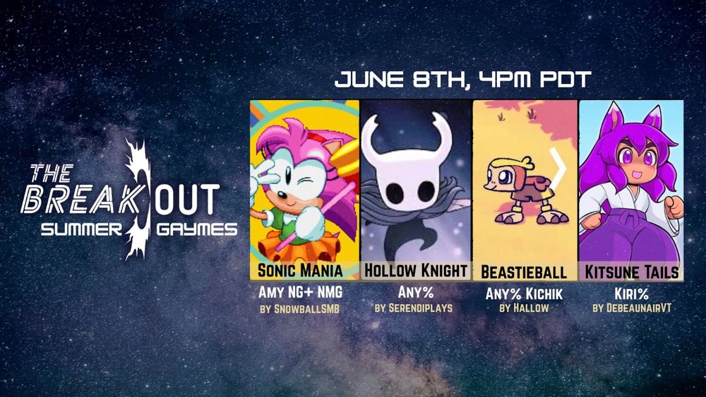 The Breakout game lineup including, in order, Sonic Mania, Hollow Knight, Beastieball, and Kitsune Tails.