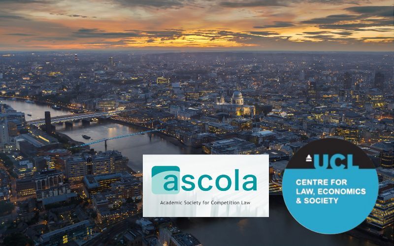 A sunset view of London from the air, with the River Thames and the Millennium Bridge in the foreground, and the dome of St Paul's in the background. The UCL Centre for Law, Economics and Society and ASCOLA logos are overlaid.