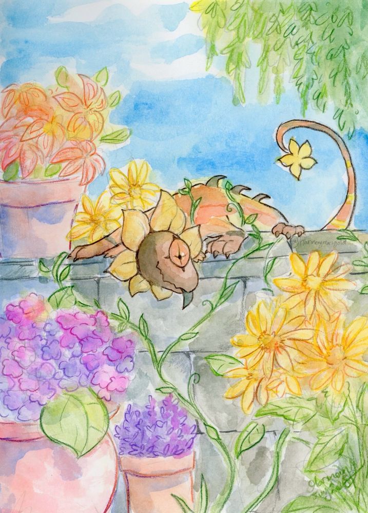 Art of a flowery lizard-y creature in a garden.