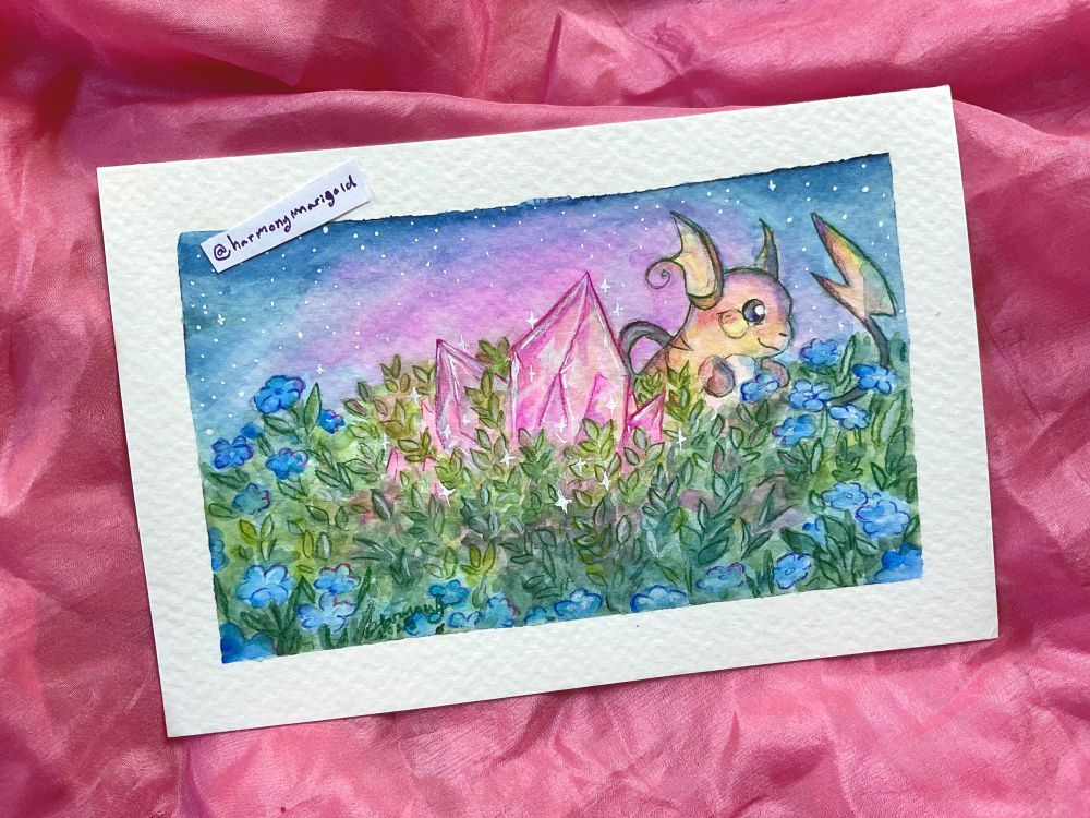 Photo of a 4x6 inch painting, featuring a Raichu next a big crystal and among flowers.