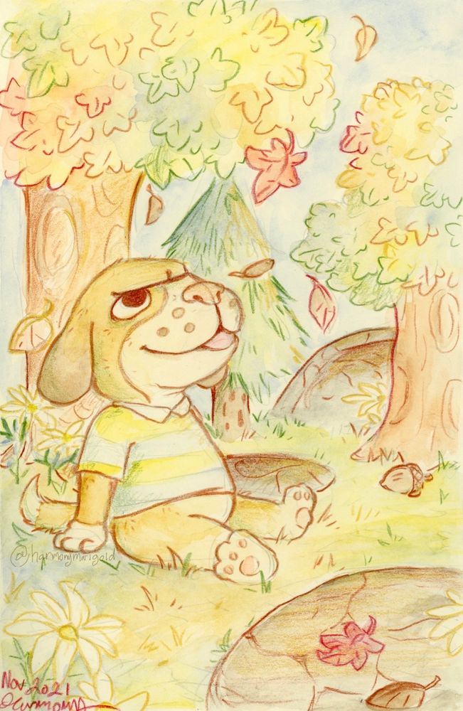 Animal Crossing themed art, featuring the dog villager Mac, sitting under a tree looking at falling leaves. 