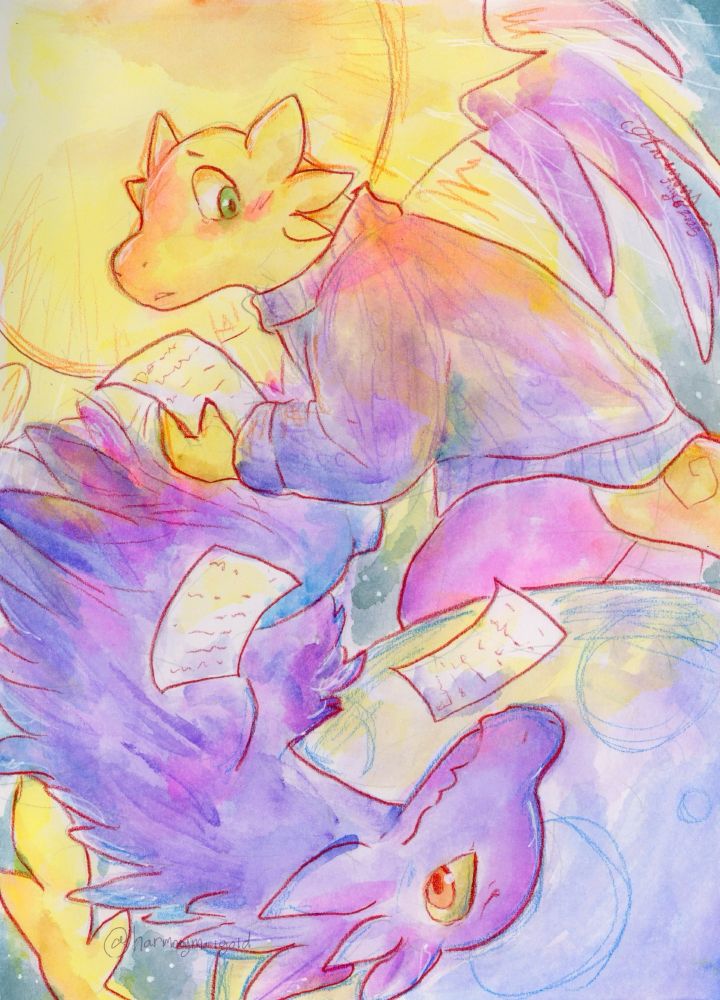 Art featuring a dragon-like character and a bird-like character, in an abstract setting, looking at each other from reverse sides of the picture, with papers falling between them.
