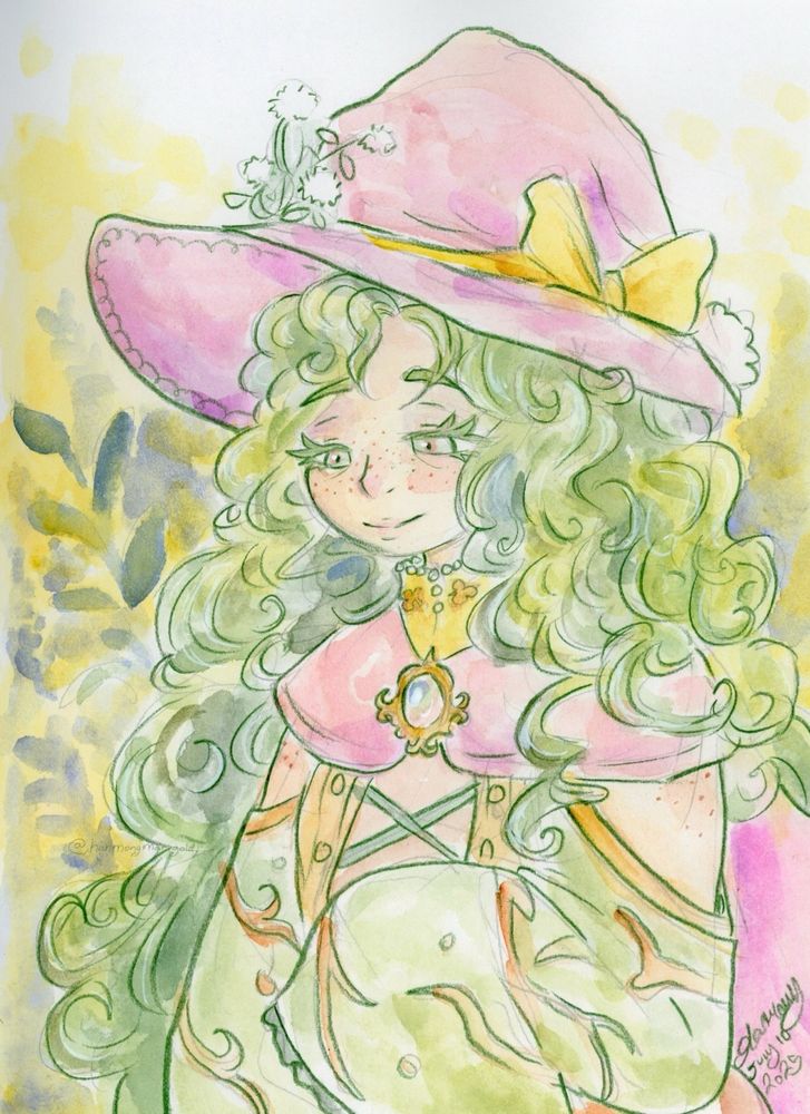 Art of a character with long green hair against a vaguely planty background.