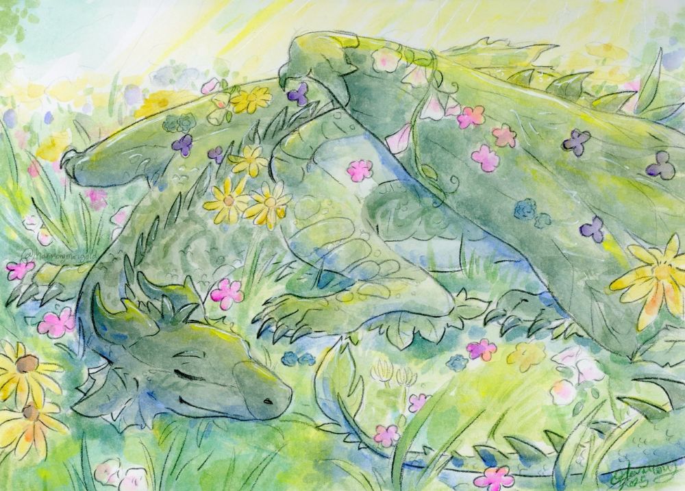 Art of a green dragon covered in flowers, resting in sunlight
